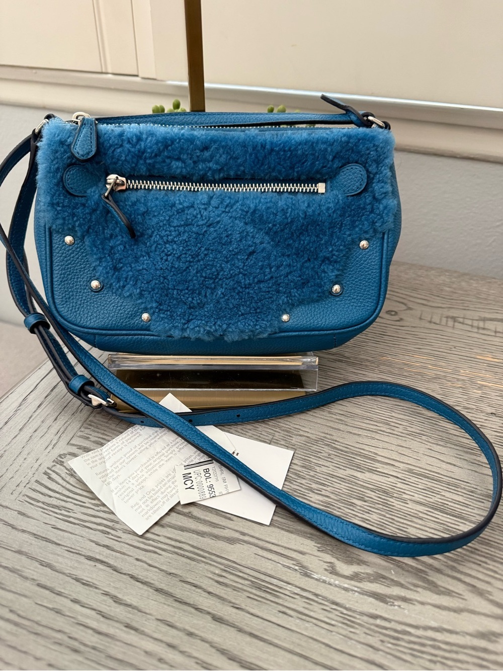 Coach Teal Blue Shearling & Pebbled Leather Crossbody with silver hardware NWT